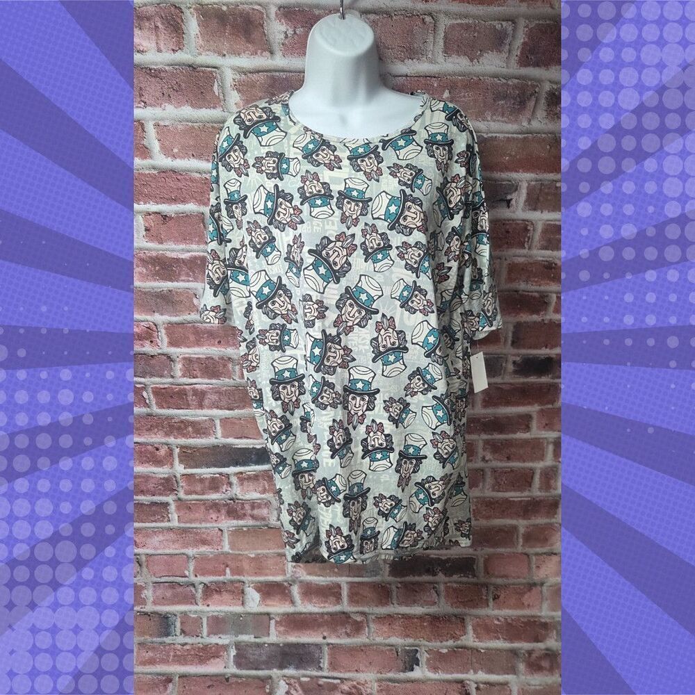 Women’s LuLaRoe Irma Tunic High‎ Low Top Small Uncle Sam Print NWT Blue
